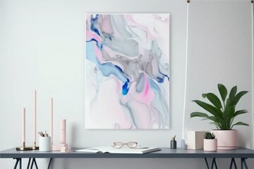 pastel gray background with abstract pastel pink and blue paint. With copy space, fluid composition. little luxury in nature. Generative AI