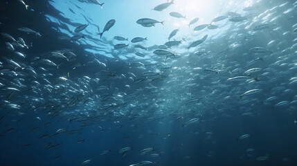 Fototapeta na wymiar School of fish swimming under water of sea. School sardinella fish swims in underwater
