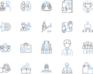 Fototapeta premium Human resources management outline icons collection. Human, Resources, Management, Recruitment, Hiring, Training, Development vector and illustration concept set. Performance, Analysis, Employee
