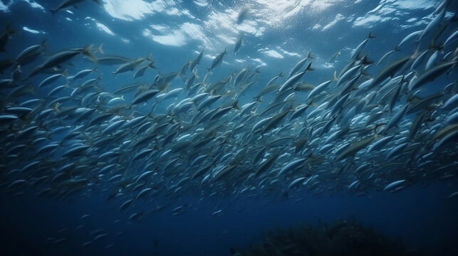 School of fish swimming under water of sea. School sardinella fish swims in underwater