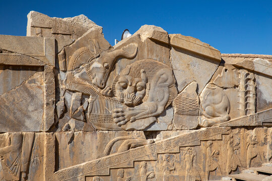 Bas-relief of Lion and Bull in Tachara Palace, Persepolis, Iran