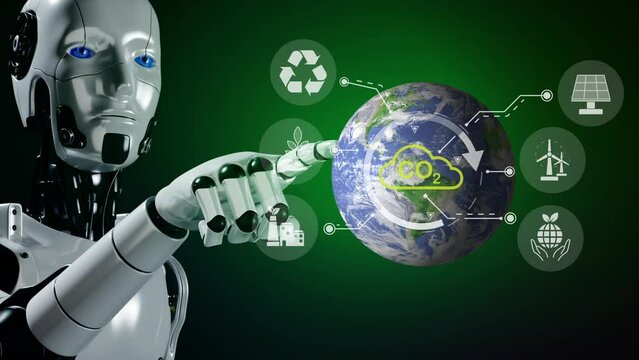 Robot touching global earth with icons in co2 environmental concept. Clean energy, renewable energy, Net Zero, Love the world, sustainable energy and reducing global warming.