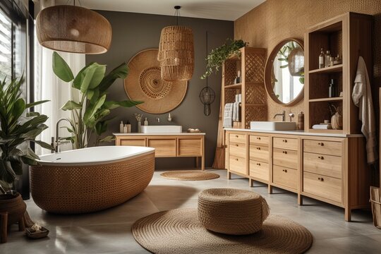 A serene tropical oasis, this bathroom is filled with bamboo accents and woven textiles that exude natural charm and sophistication, generative ai