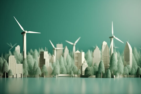 Environmental green energy city with zero carbon emision. Green concept paper cut design. Generative Ai