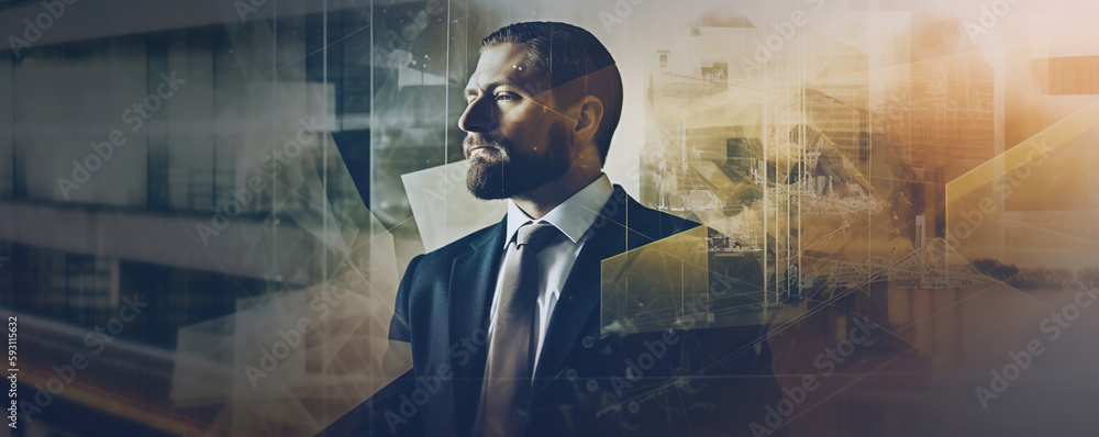 Aufkleber a man in a suit and tie standing in front of a building. ai generative image