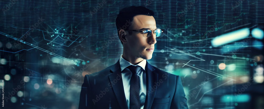 Poster a man in a suit and tie standing in front of a cityscape. ai generative image