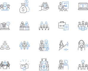 Fototapeta premium Manager and career outline icons collection. Manager, Career, Leadership, Planning, Motivating, Developing, Organizing vector and illustration concept set. Project, Analyzing, Collaborating linear