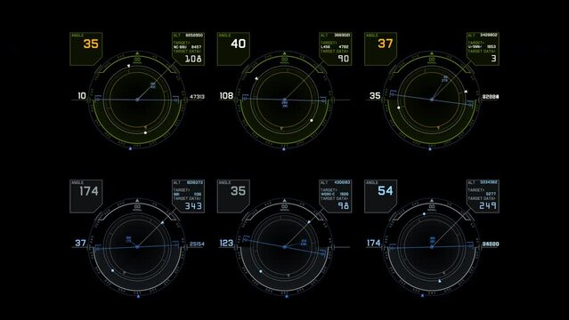 A set of 6 aviation HUD dial and gauge elements showing tech data. The elements come with an alpha channel for transparency and are 4k 24p.