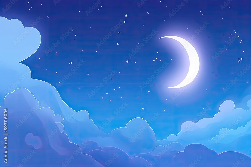 Poster serene night sky with a crescent moon and floating clouds. generative ai