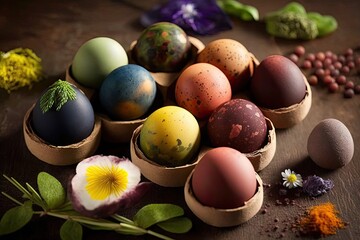 Obraz na płótnie Canvas Natural egg dye made from fruits and vegetables was used to colour Easter eggs. homemade Easter eggs with natural dyes and ingredients. Generative AI