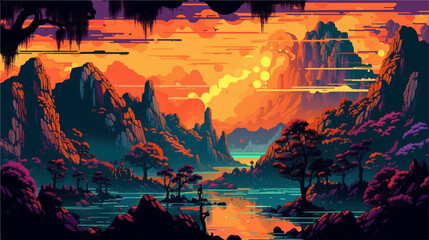 Fototapeta na wymiar 8-bit Mountain Valley Sunset landscape