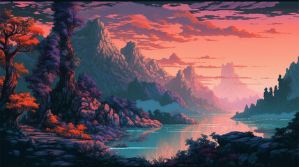 Fototapeta na wymiar 8-bit Mountain Valley Sunset landscape