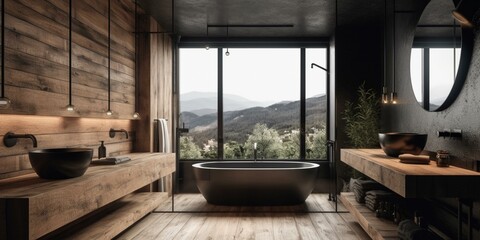 Fototapeta na wymiar A rustic bathroom with a modern twist, featuring a wooden accent wall, marble countertop, and sleek black fixtures, generative ai