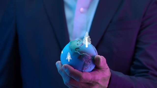 Businessman showing planet earth global with virtual tree icons. Net zero greenhouse gas emissions target. Climate neutral long term strategy. Ecological, renewable energy and save environment concept