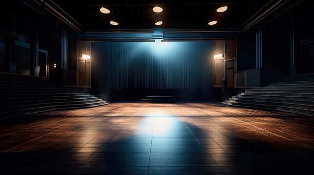 Empty theater stage, large spacious open plan interior with various lights with glowing lights, AI generative