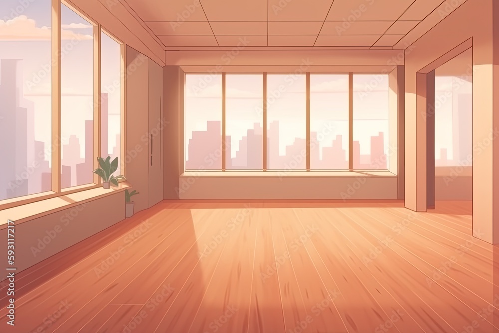 Poster an empty room with a panoramic view of the city skyline. generative ai