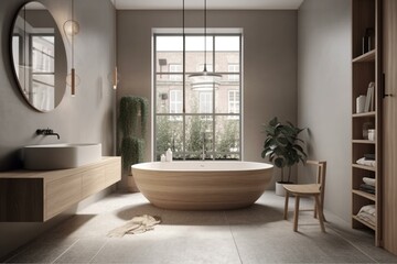 Fototapeta na wymiar A minimalist Scandinavian bathroom with light wood textures and neutral colors, featuring a freestanding bathtub and pendant lighting, generative ai
