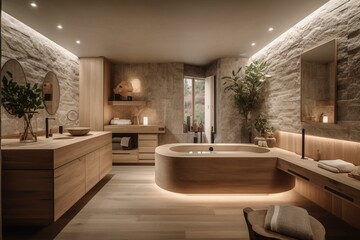 Fototapeta na wymiar A serene Bathroom with light Wood and Stone textures, a soothing soaking tub, and soft recessed lighting, generative ai