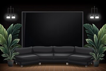 modern living room with a black couch and green potted plants. Generative AI