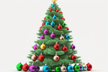 Christmas tree with vibrant decorations, white background. Generative AI