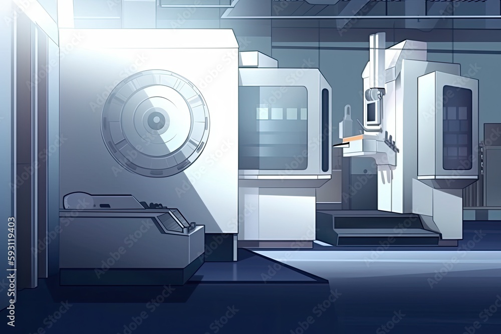 Poster spacious machine room with a complex machinery system. generative ai