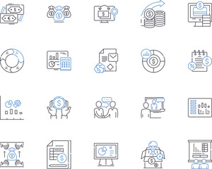 Finance industry outline icons collection. Banking, Savings, Loans, Insurance, Credit, Investment, Stocks vector and illustration concept set. Budgeting, Interest, Rates linear signs