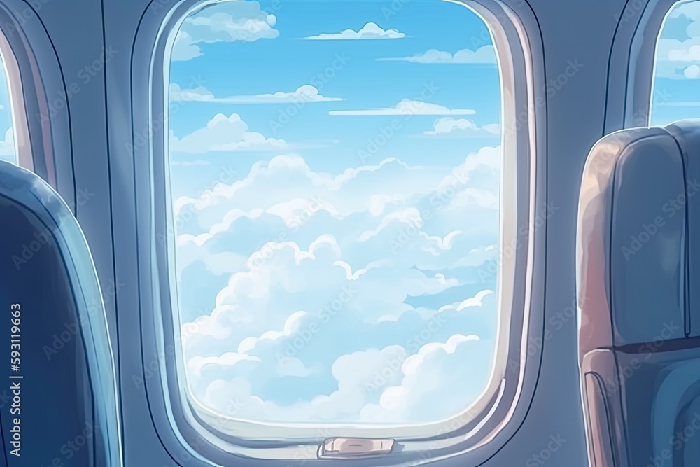 Poster birds eye view of the clouds from inside an airplane. generative ai