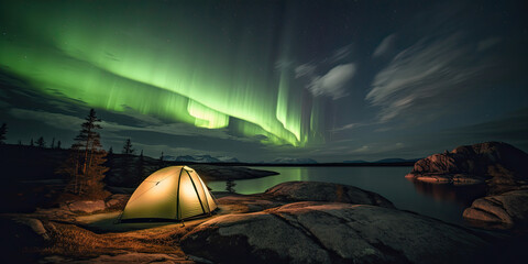 Fototapeta na wymiar tent camping in the wilderness with the aurora borealis in the night sky 