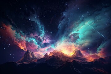 Fantasy dreamy neon night sky with glowing clouds and stars, illustration imitating watercolor drawing created with Generative AI technology