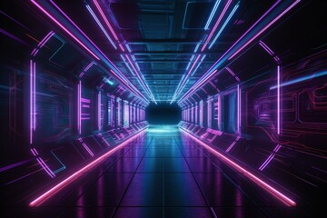 Sci Fi Futuristic Alien Tunnel Ship Corridor Underground Laser Purple Blue Neon Light Lines On Grunge Reflective Concrete Empty Space Background 3D Rendering. Generative AI
