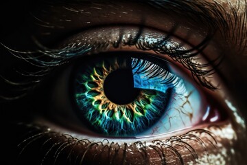 a macro shot of a human eye's iris in the colors green and blue. Generative AI