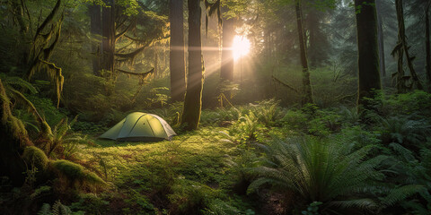 Summer tent camping in  the Pacific Northwest Mountains Early morning sunrise 