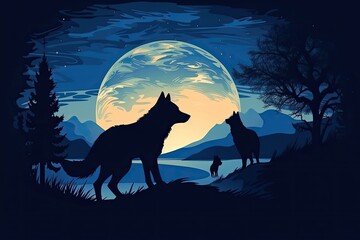 Fototapeta premium two wolves silhouetted against a full moon. Generative AI