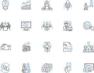 Investment management outline icons collection. Invest, Management, Funds, Portfolio, Equity, Return, Savings vector and illustration concept set. Risk, Financial, Investment linear signs