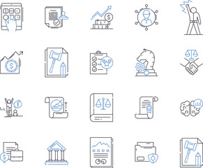 Attorney agency outline icons collection. Lawyer, Attorney, Legal, Firm, Practice, Counsel, Representation vector and illustration concept set. Law, Litigation, Services linear signs