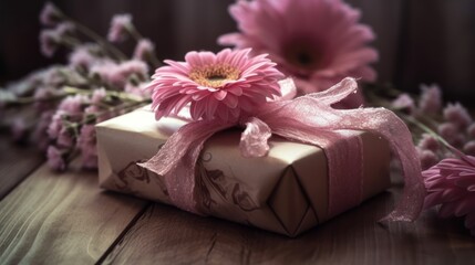 Fototapeta na wymiar Pink Gift Wrapped in Ribbons for Special Occasions. Mothers Day. Valentines Day.