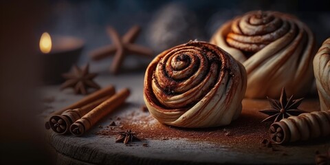 Cinnamon buns that have just been made, filled with spices and cocoa. looking up. preparing a sweet homemade pastry at Christmas. Close up. A Swedish dessert is kanelbule. Generative AI