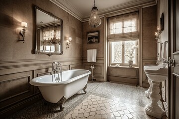 Naklejka na ściany i meble A traditional, elegant Bathroom with classic fixtures and subdued textures on ceramic tiles, generative ai
