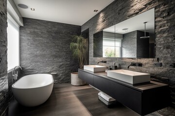 Fototapeta na wymiar A minimalist bathroom featuring a striking stone accent wall and sleek modern fixtures, generative ai