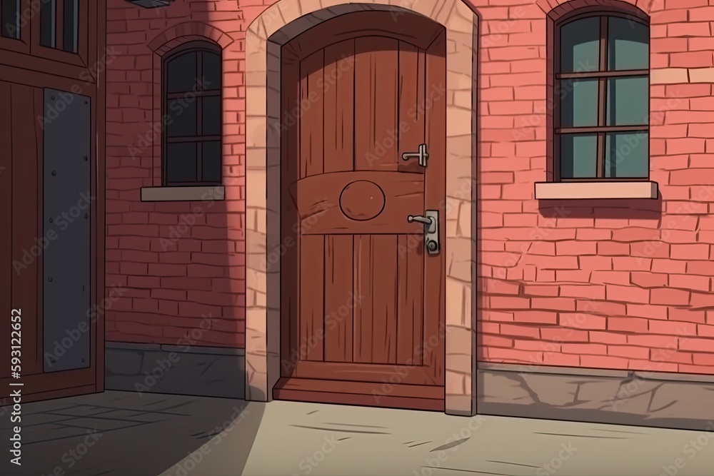 Poster rustic red brick building with a wooden door in the front. generative ai