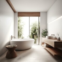 Fototapeta na wymiar A minimalist Bathroom with a simple yet sophisticated ceramic tub, warm wood accents, and a crisp white color scheme, generative ai