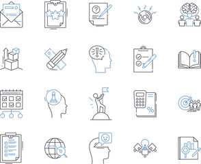 Office and managers outline icons collection. Office, Managers, Supplies, Employees, Documents, Organization, Technology vector and illustration concept set. Chairs, Desks, Administration linear signs