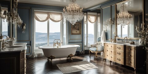 Obraz na płótnie Canvas A refined Vintage Bathroom furnished with brass fixtures, glass accents and a grand crystal chandelier creating a timeless vintage elegance, generative ai
