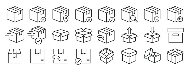 Package, box, cardboard, delivery, parcel thin line icons. Editable stroke. For website marketing design, logo, app, template, ui, etc. Vector illustration.