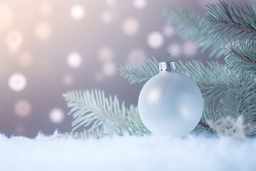 Naklejka na ściany i meble Christmas bauble, ball with fir twigs and sparkling snow, AI generative Xmas greeting background with copy-space, place for text
