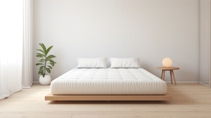 Minimalist white bed mattress on solid hardwood oak floor in cozy modern home bedroom. Minimalist white bright room Japanese style. Generative AI.