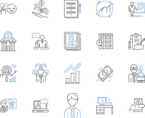 portfolio management outline icons collection. Portfolio, Management, Investment, Asset, Stocks, Bonds, Risk vector and illustration concept set. Analyze, Strategies, Rebalancing linear signs