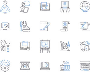 Freelancing outline icons collection. Freelance, Jobs, Contractor, Self-Employment, Gigs, Solopreneur, Outsourcing vector and illustration concept set. Entrepreneurship, Remote, Home-Based linear