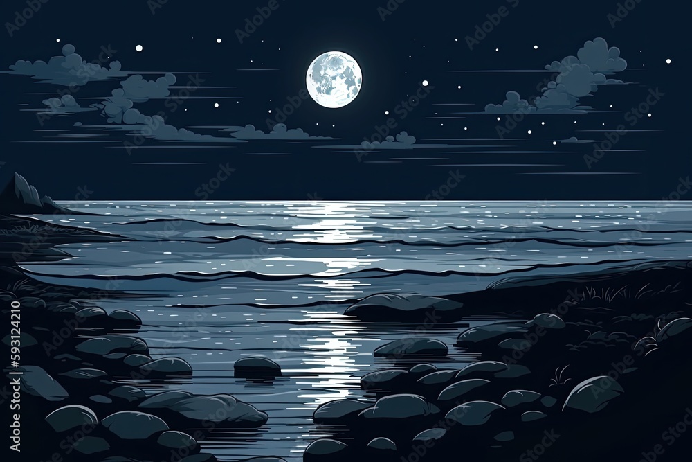 Wall mural serene night scene with a full moon reflected on a calm body of water. generative ai