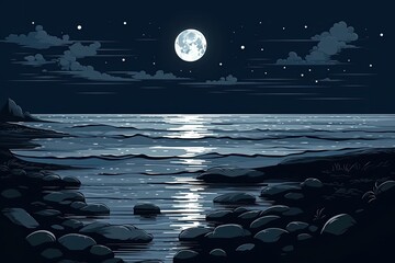 serene night scene with a full moon reflected on a calm body of water. Generative AI